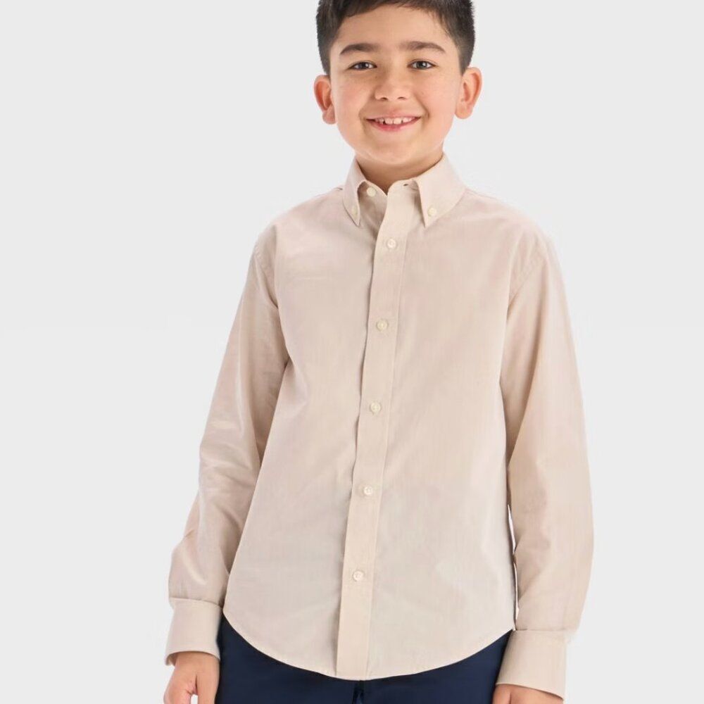 Cat & Jack™ Beige Boys' Long Sleeve Button-Down Dress Shirt - size small NWT
